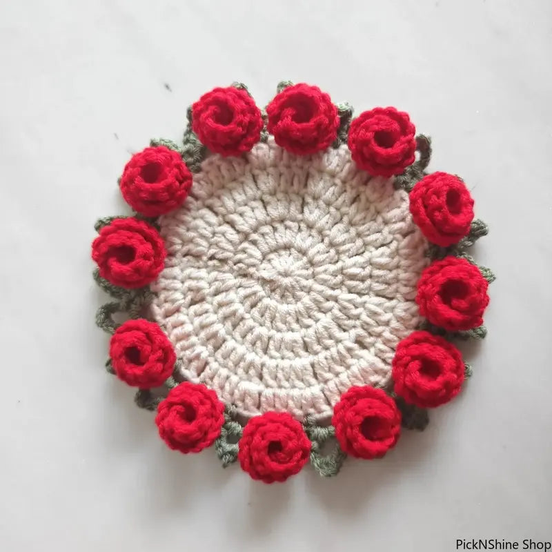 Handmade Crochet Floral Bouquet Decorative Coaster Set - 2026 Cozy Yarn-Knitted Cup Coasters for Drinks, Kitchen Drink Holder, Mom Gift, Synthetic Basic Fashion Accessory Set, Room Decor