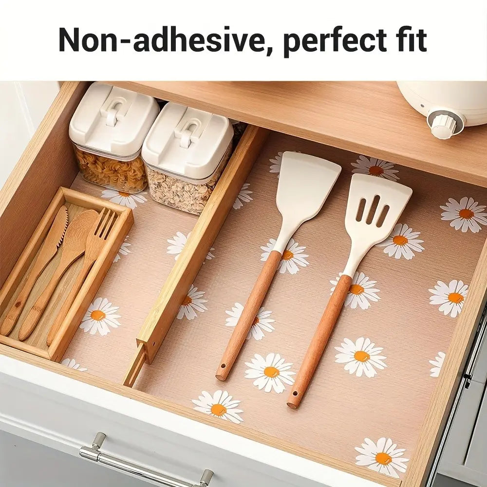 Eva Kitchen Drawer Liner, Non-Stick Waterproof Oil-Resistant, Daisy Pattern, Easy Clean Durable, Anti-Slip Shelf Protector