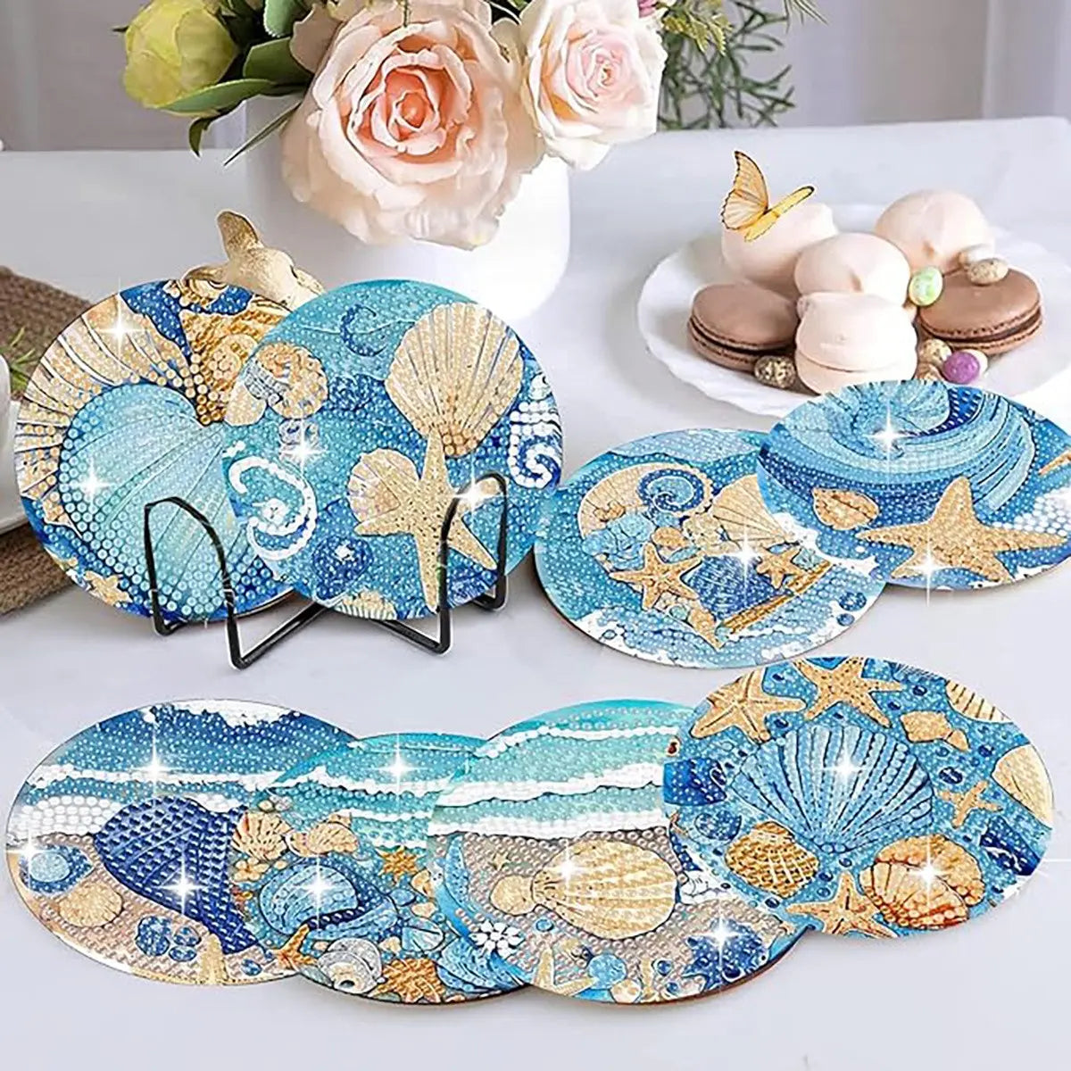 8-Piece Diamond Art Coaster Set with Stand, DIY Ocean Series Pattern, Suitable for Adults and Beginners, Perfect Gift for Friends