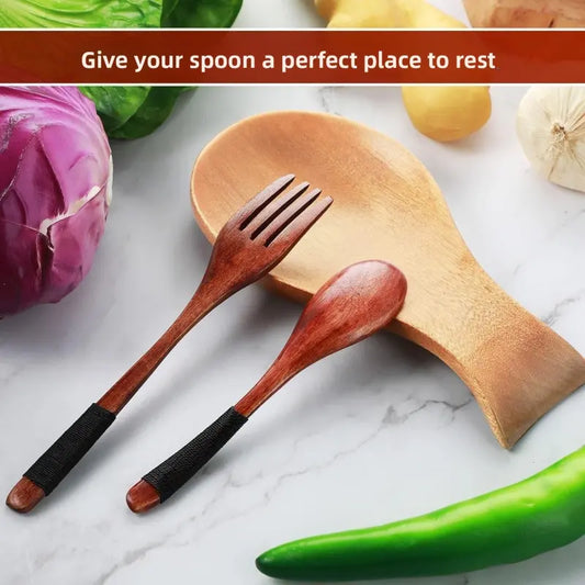 1PC Retro Wooden Spoon Rest Holder for Kitchen Countertop Rustic Tableware Organizer Home Utensil Rack with Elegant Design