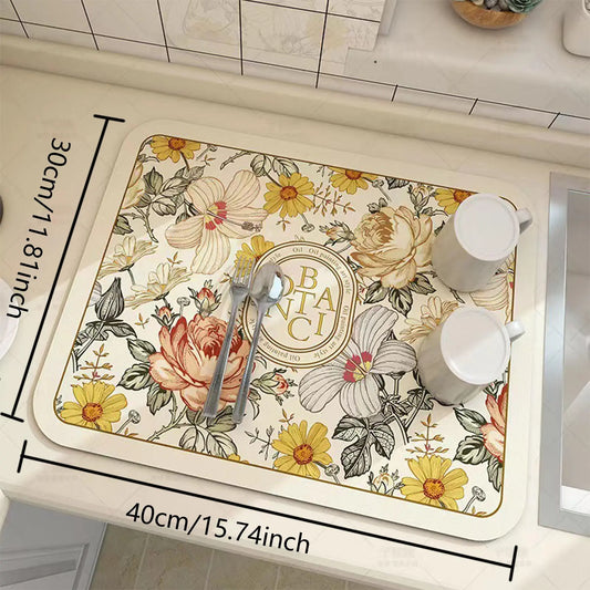 Floral Pattern Kitchen Countertop Mat, 1 Count Non-slip Water Absorbent Coffee Machine Mat, Household Table Mat for Home Kitchen Canteen Dining Room, Kitchen Decorative Placemat