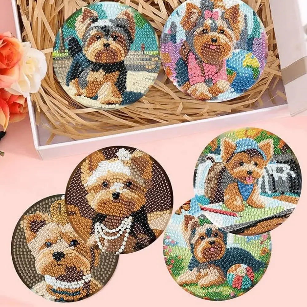 8 pieces/set of diamond painted coaster set with animal dog pattern coaster (with holder) - DIY diamond art craft kit for home decoration beginners, diamond craft supplies, artificial diamond art craft supplies gifts