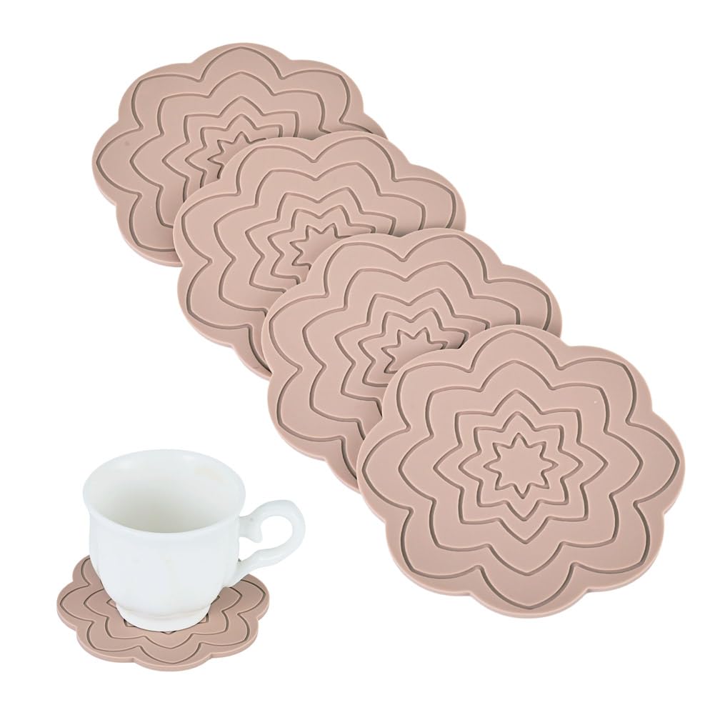 4Pcs Flower Cup Mats for Cold Hot Drinks, Patterned Silicone Coasters Non Slip Heat Resistant Placemats Washable Coffee Tea Mug Mat Pads for Office Home Kitchen Bar Table Protection, Tan