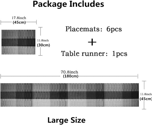 Placemats, Washable PVC Table Mats, Woven Vinyl Placemat for Dining Table Place Mats Set (6 Placemats and 1 Table Runner, Black and Grey)