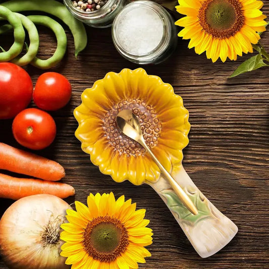 Set of 2 Sunflower Shape Ceramic Spoon Rests - Kitchen Accessories for Stove Top, Counter, Cutlery, Ladle, Spatula, Home Decor, House Warming Birthday Gift, Set Of Two