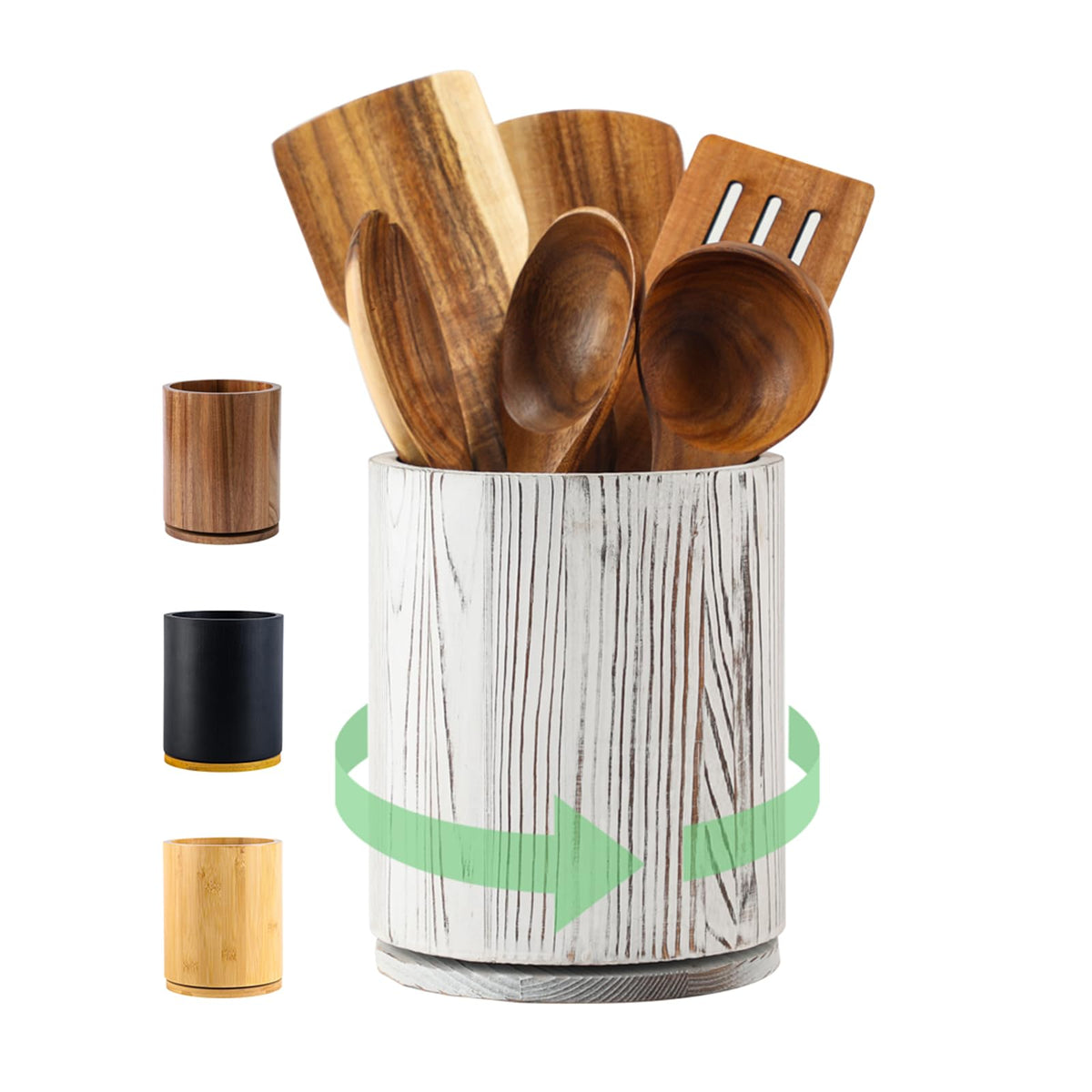 Acacia Wood Utensil Holder, 360° Rotating 7.3 in Kitchen Organizer