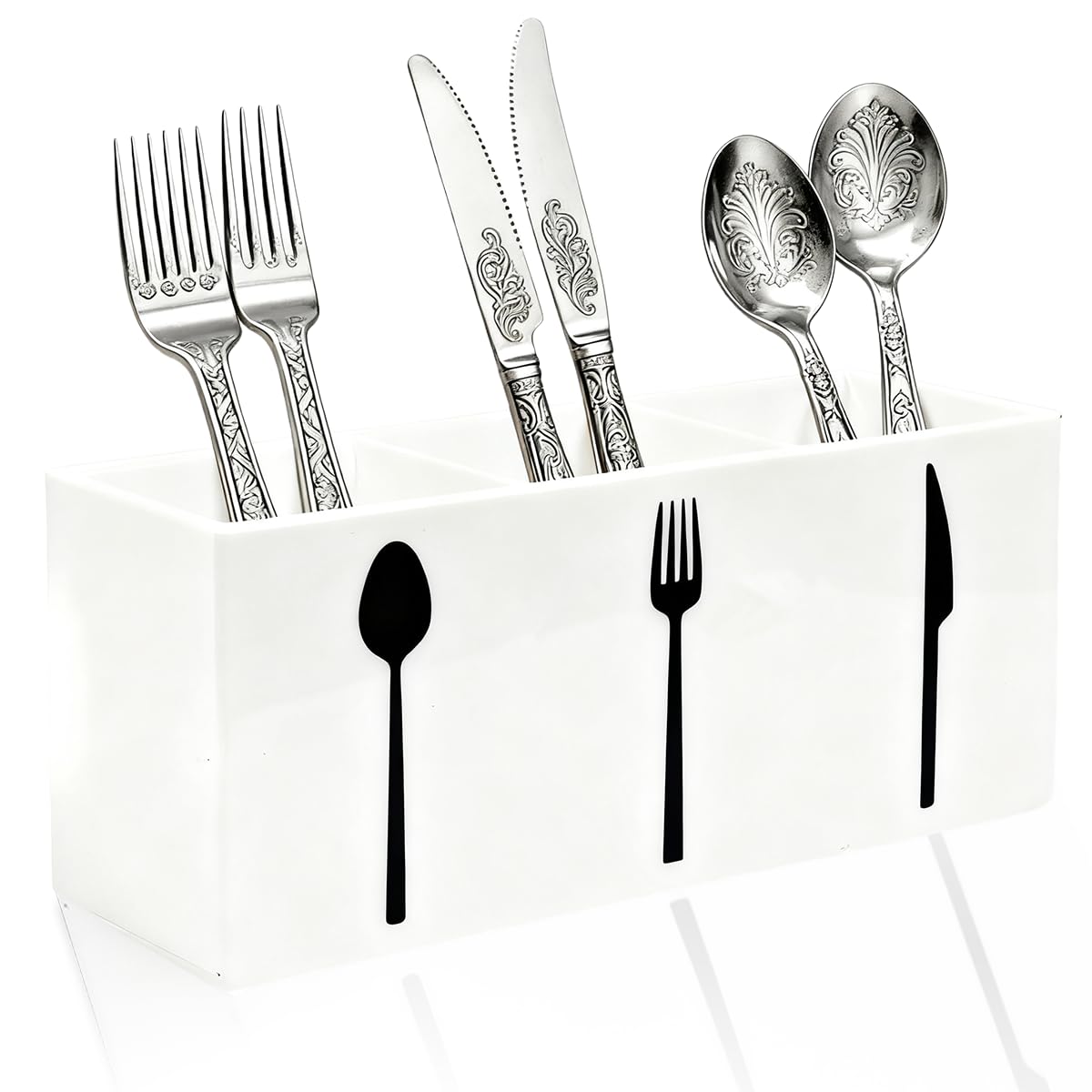 Acrylic Cutlery Storage Organizer Bin,3 Section Silverware Caddy with Spoon Fork Organizer, Clear Plastic Utensil Holder for Kitchen Countertop, Cabinet, Dining Room (Black)