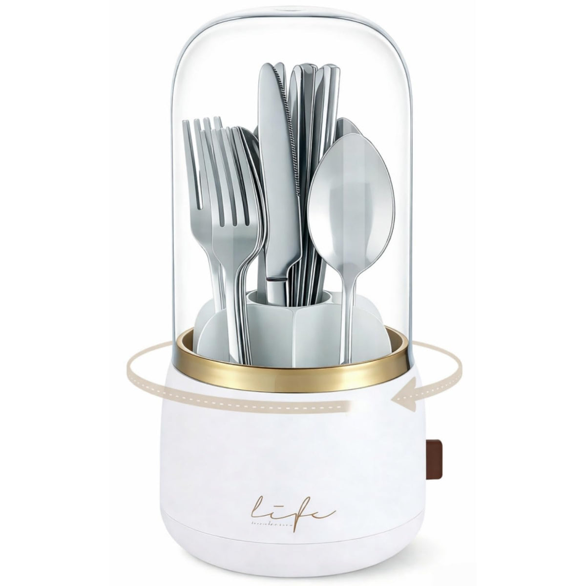 Silverware Organizer with Lid, 360° Rotation Utensil Holder for Kitchen Counter, Silverware Caddy for Party, 7 Slots Fits Standard Utensils & Most Steak Knives Up to 8.5 Inches(White)