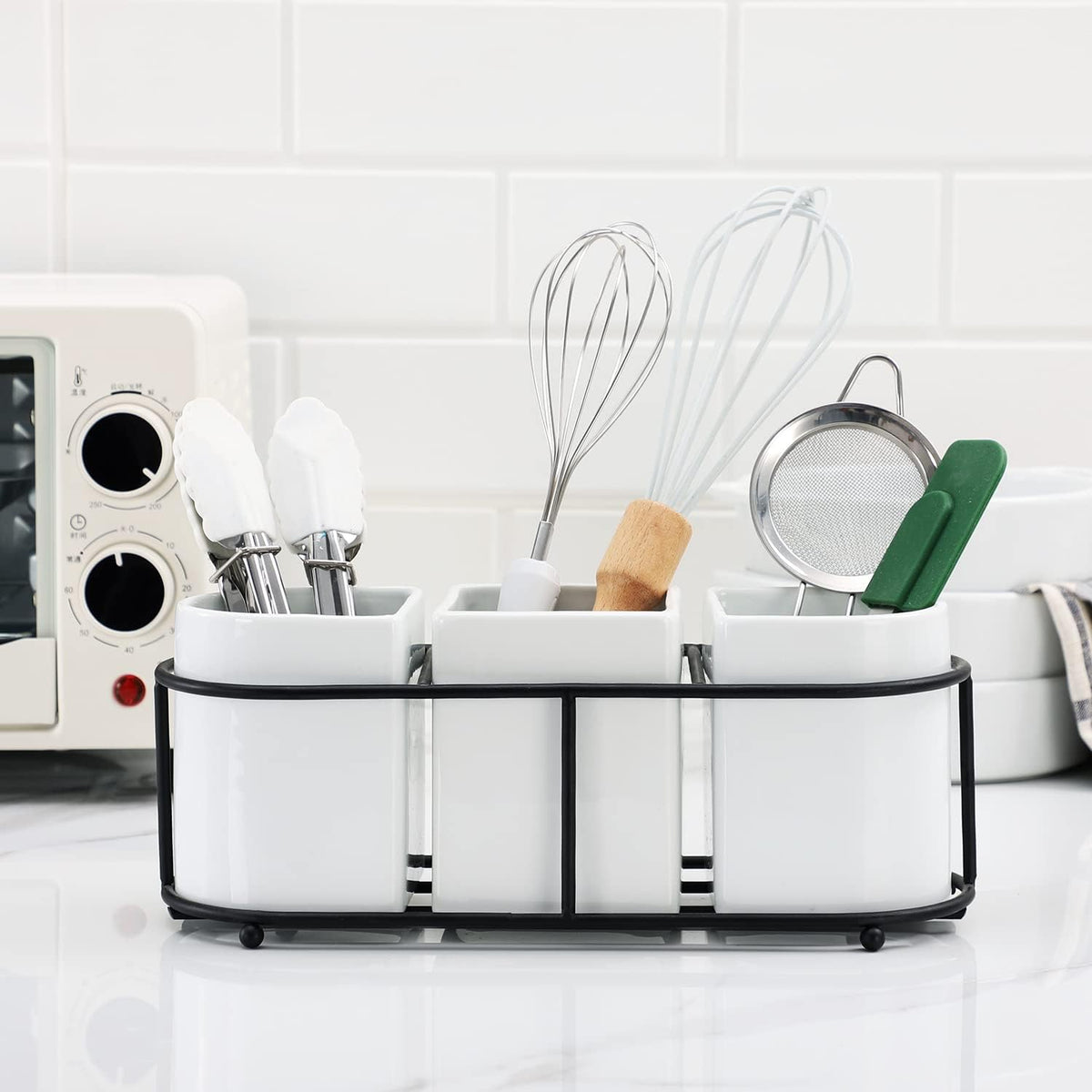 Buyajuju 3 Piece Porcelain Flatware Holder Caddy with Metal Rack,Utensil Holder Caddy For Spoons, Knives and Forks Cutlery Organizer