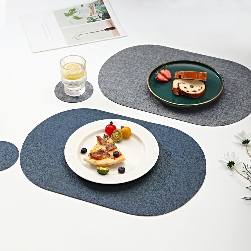 Oval Table Mats Set of 6, Faux Leather Placemats, Heat Resistant & Waterproof(Blue)