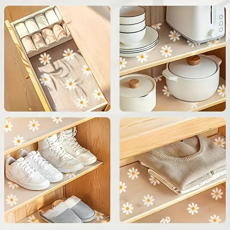Daisy Design Waterproof Cabinet Shelf Liner, Easy Clean Plastic Pad Mat, Anti-Slip Durable Organizer for Kitchen Refrigerator Table Drawer Home Organization Moisture Damage