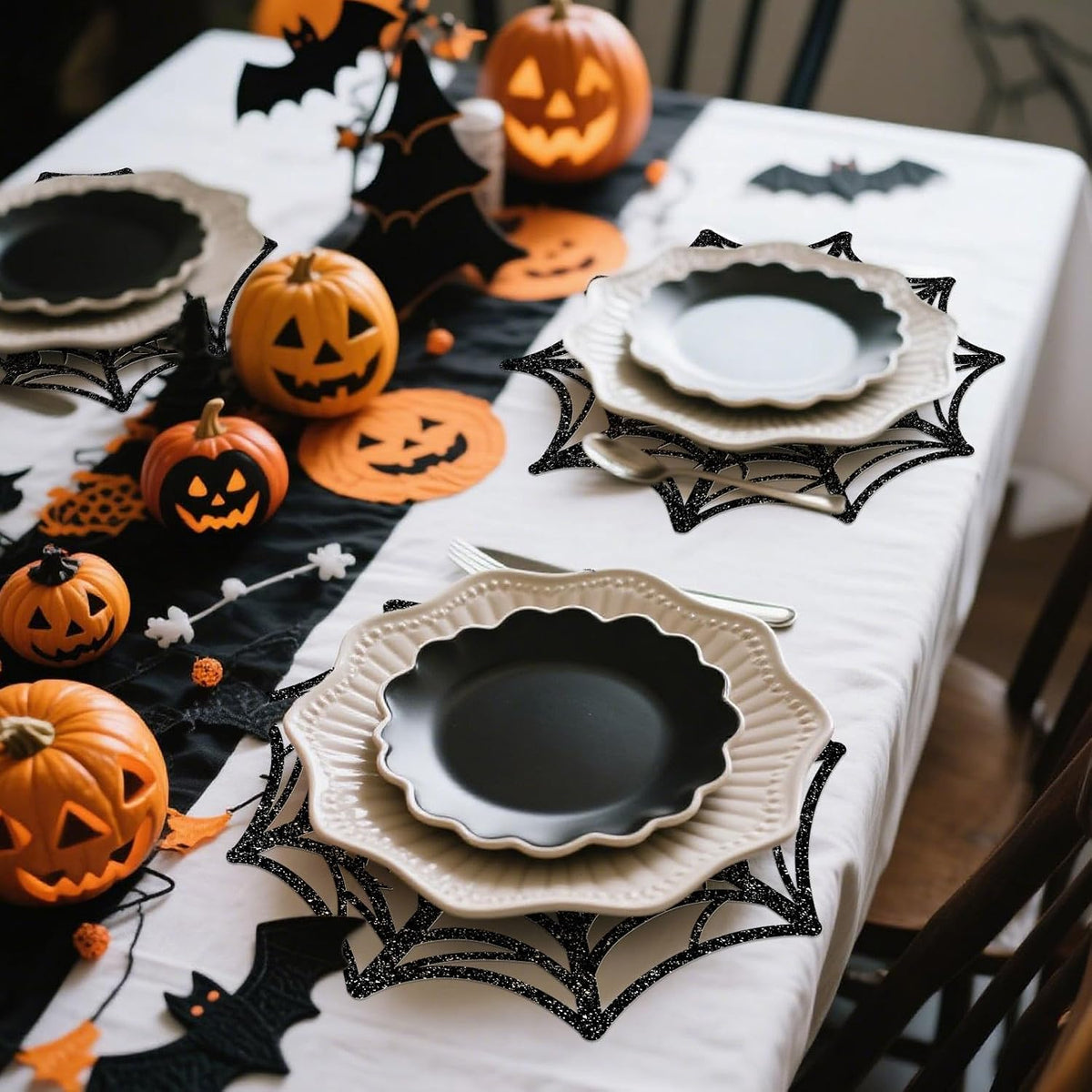 JarThenaAMCS 60Pcs Halloween Glitter Spider Web Disposable Paper Placemats Black Spiderweb Dining Table Mat Place Mats for Trick or Treat Party Home Table Setting, 13 x 13 Inch
