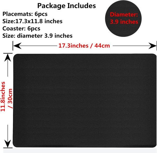 Placemats Set of 6, Leather Placemat with Coasters, Waterproof, Stain Resistant, Heat Resistant, Washable Wipeable, PU Table Mats for Kitchen Dining Table and Decor (Black Rectangle A, 6pcs)