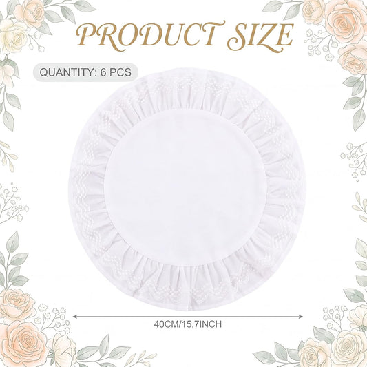 Set of 6 White Ruffled Round Placemat, Lace Embroidered Place Mat, 15.7''