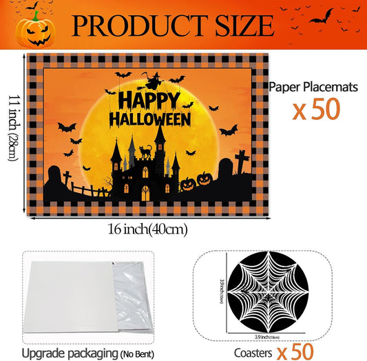 50Pcs Halloween Paper Placemats, Ghost Bat Pumpkin Disposable Placemats with Coasters - 11 x 16 Inch Halloween Place Mats Table Mats Decoration for Party Kitchen Dining Table Decor
