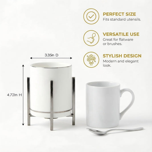Farmhouse Flatware Holder for Dinner Table, Kitchen Holder for Serving Utensils, Decorative Cutlery Utensil Holder for Kitchen or Parties, Cup with Silver Trim, 1 Pcs
