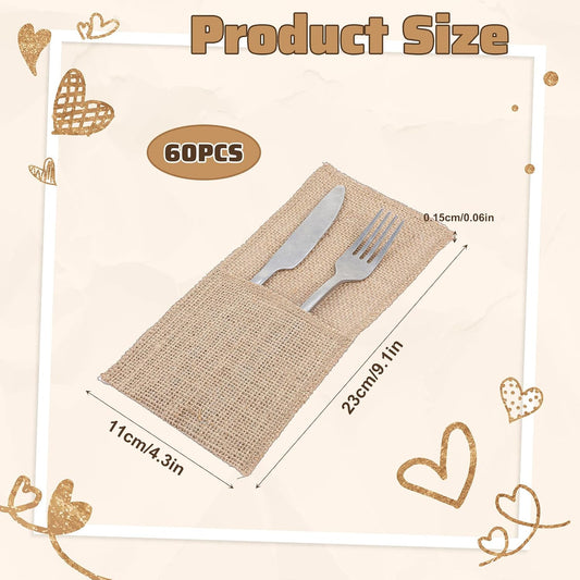 60 Pcs Burlap Utensils Cutlery Holders, 4.3"x9" Natural Jute Cutlery Pouch Reusable Silverware Holder Knives Forks Spoon Napkin Bag for Vintage Rustic Wedding Party Decorations favors