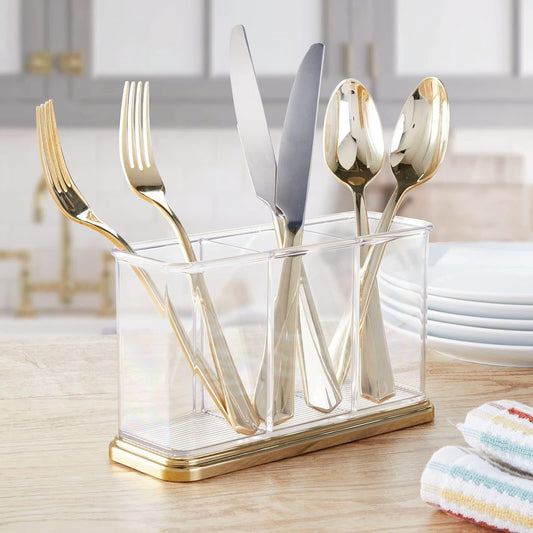 mDesign Plastic Cutlery Utensil Holder Storage Organizer Caddy for Kitchen Countertop Organization - Holds Fork, Knife, Spoon, Silverware - 3 Divided Sections - Hyde Collection - Clear/Soft Brass