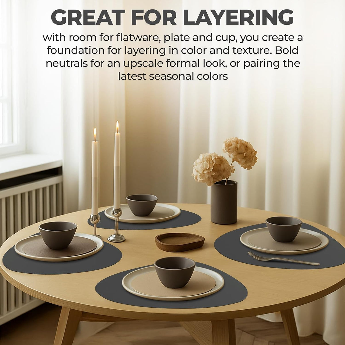 Faux Leather Placemats and Coasters - Set of 4 Round Modern Charcoal Table Mats for Dining - Heat Resistant, Waterproof & Non Slip mat for Indoor & Outdoor - Wipeable for Easy Care