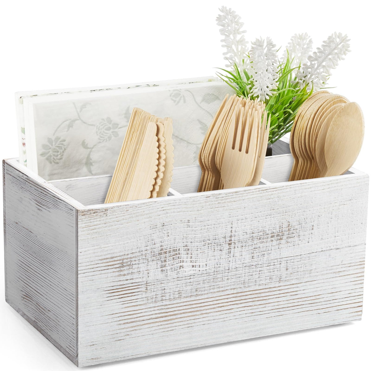 DRASTAR Utensil Caddy, Silverware Caddy for Party, Acacia Wood Silverware Holder, Silverware Organizer Countertop, Cutlery Storage Containers for Kitchen Table