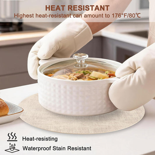 Round Faux Leather Placemats and Coasters, Set of 6, Reversible Heat Resistant Non-Slip Table Mats, Waterproof Wipeable Place Mats for Dining Table, Washable for Indoor & Outdoor (6, Beige)