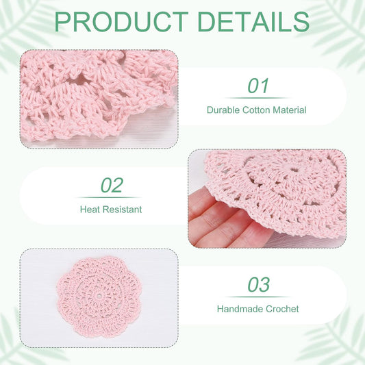 M METERXITY 8pcs Handmade Crochet Coasters 4"/10cm Round Light Pink