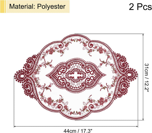 uxcell 2Pack Retro Lace Placemat 12x17-in Oval Embroidered Table Place Mats French Crochet Doilies Coasters Cup Mat for Home Wedding, Red