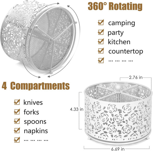 DysanVica Rotating Metal Silverware Caddy - Utensil Holder Countertop White