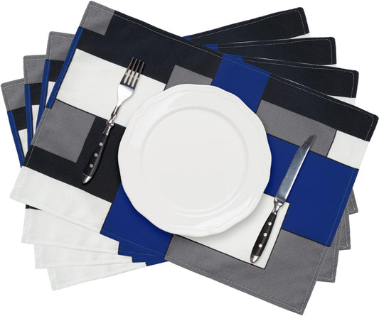 Blue Grey Black White Placemats Set of 4,Geometric Square Table Place Mats Waterproof Burlap Washable Dining Placemats for Home Kitchen Decorations (Blue Black, 12" Wx18 L)