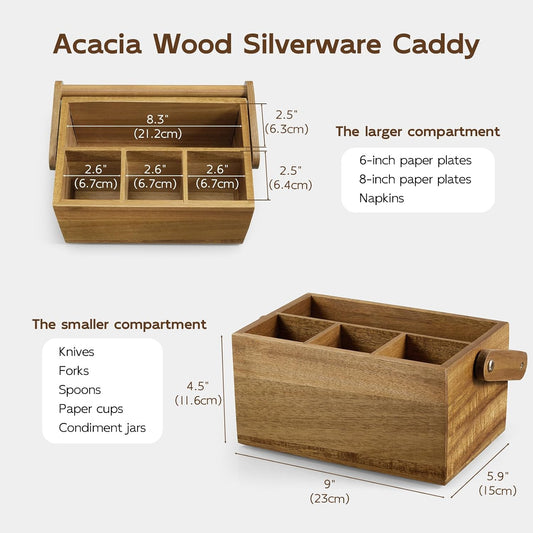 Acacia Silverware Holder, Paper Plate Holders with Handle, Picnic Silverware Caddy for Party, Cutlery Holder for Countertop, Wood Utensil Organizer for Home Kitchen & RV