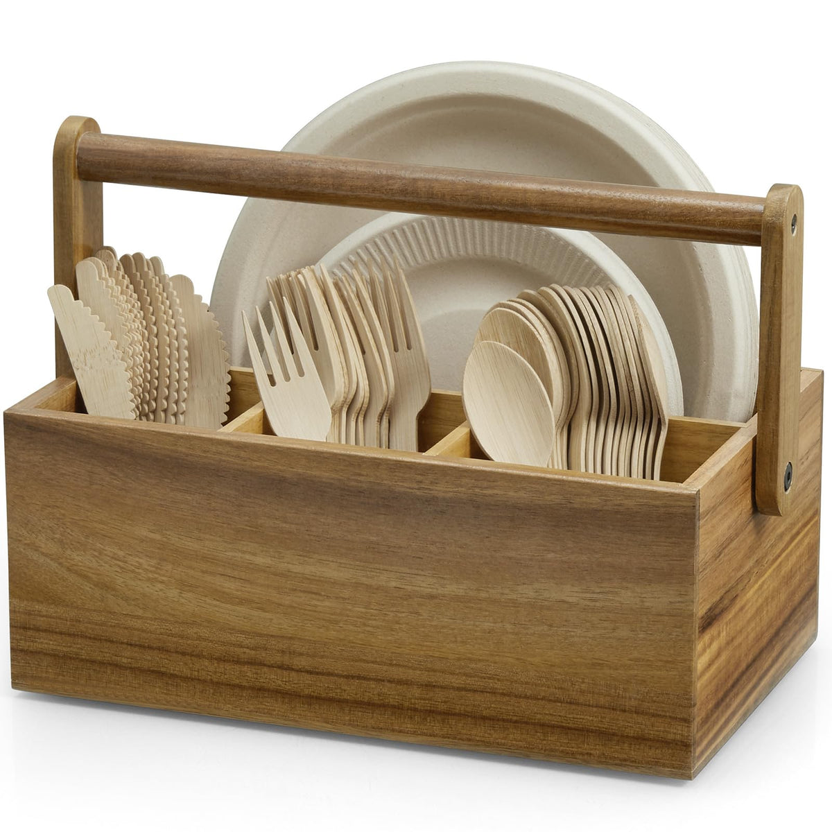 Acacia Silverware Holder, Paper Plate Holders with Handle, Picnic Silverware Caddy for Party, Cutlery Holder for Countertop, Wood Utensil Organizer for Home Kitchen & RV
