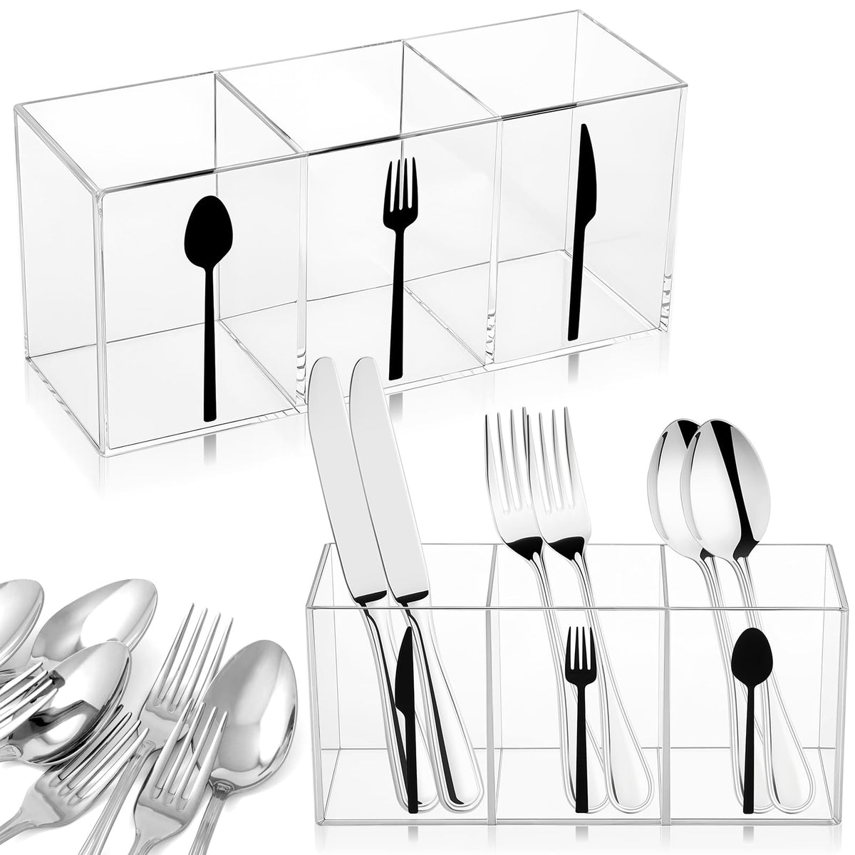 Cutlery Storage Organizer Silverware Caddy Utensil Holder Countertop Knife Spoon and Fork Organizer Kitchen 3 Section Tableware Storage Box Indoor Outdoor Party Tableware Holder (Black)
