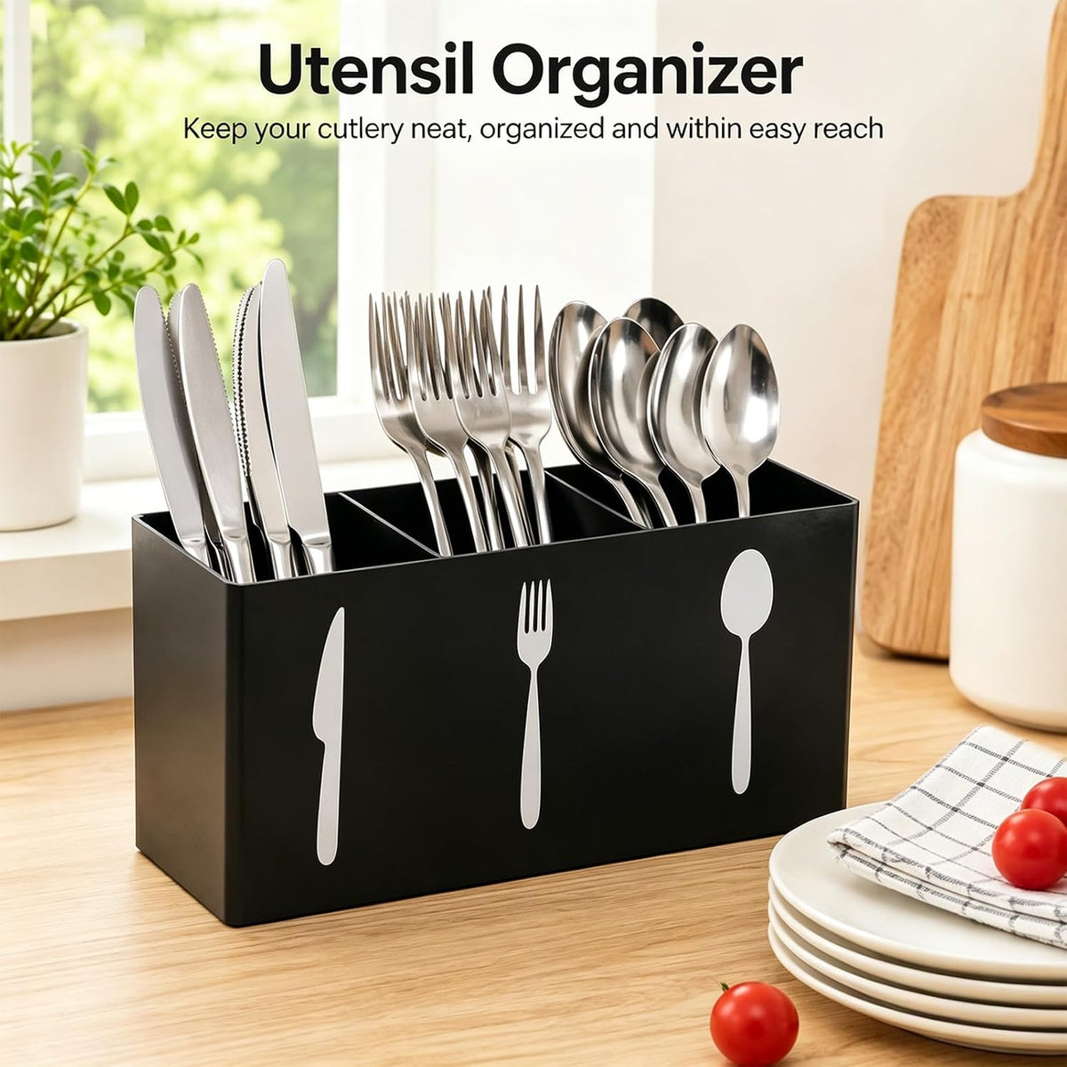 Silverware Holder, 3-Section Countertop Organizer, Black