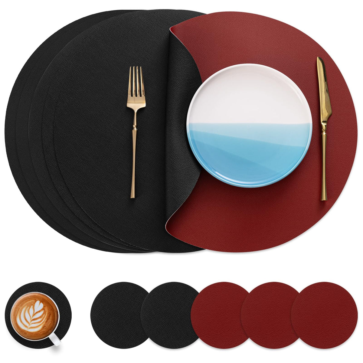 Myir JUN 15 Inches Round Placemats Set of 6 Faux Leather Place Mats