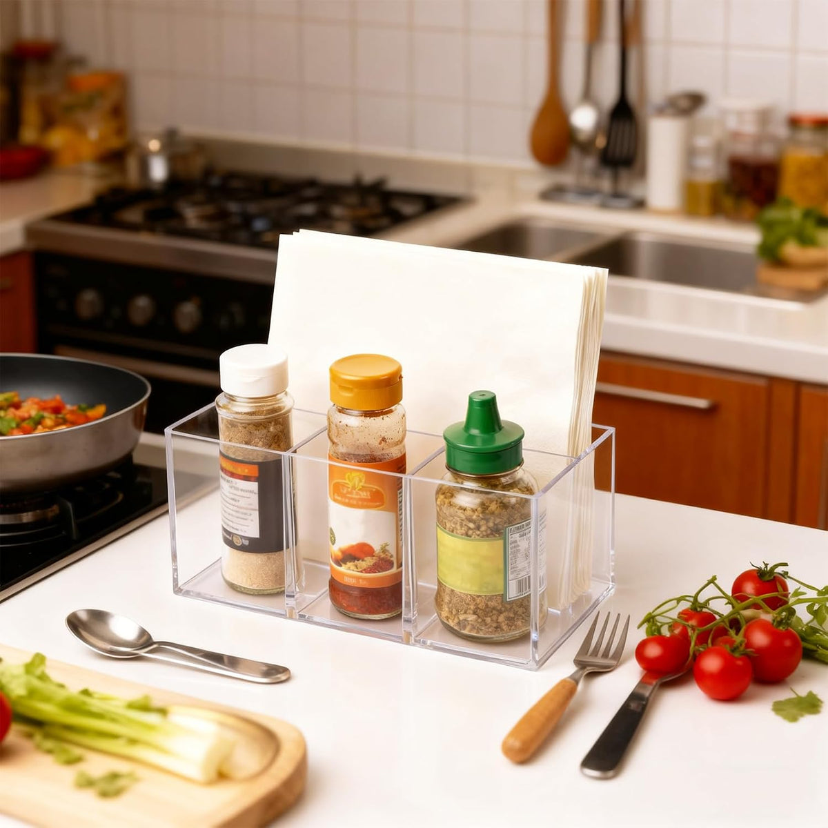 2Pack Acrylic Utensil Holder Silverware Organizer 4 Compartments Tableware Storage Box Countertop Cutlery Caddy for Forks, Knives, Spoons, Napkins, Plates,Indoor/Outdoor Use