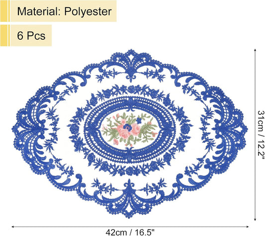 uxcell 6Pack Retro Lace Placemat 12x16-in Oval Embroidered Table Place Mats French Crochet Doilies Coasters Cup Mat for Home Wedding, Sapphire Blue