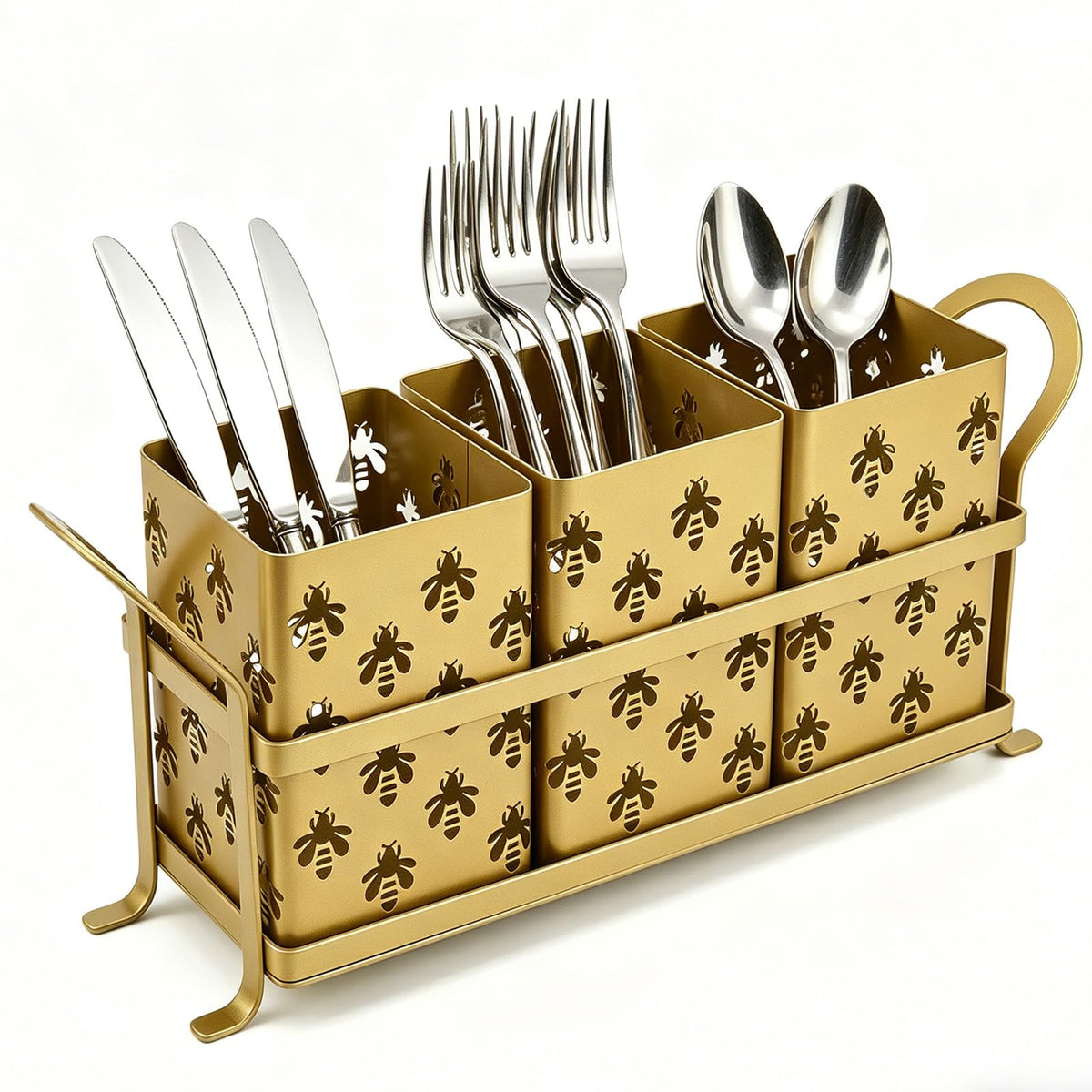Silverware Holder with Bee Design, Metal Utensil Caddy with Handles