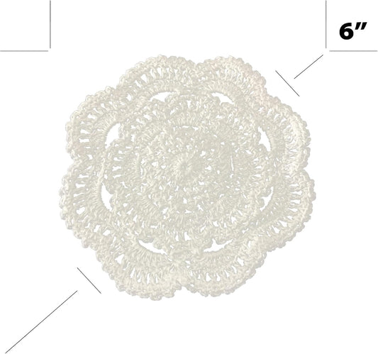 KuGuo Crochet Cotton Coasters, 6 Pack, 6 Inch Round, White