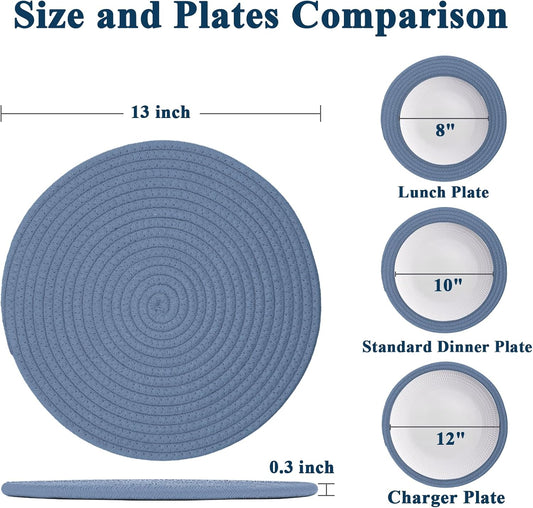 Round Woven Cotton Placemats Set of 4, Thick Braided Rope Table Mats, 13 Inches Non Slip Heat Resistant Place Mats, Farmhouse Boho Circular Hot Pads for Kitchen, Dining Table Decor (Blue 4 pcs)