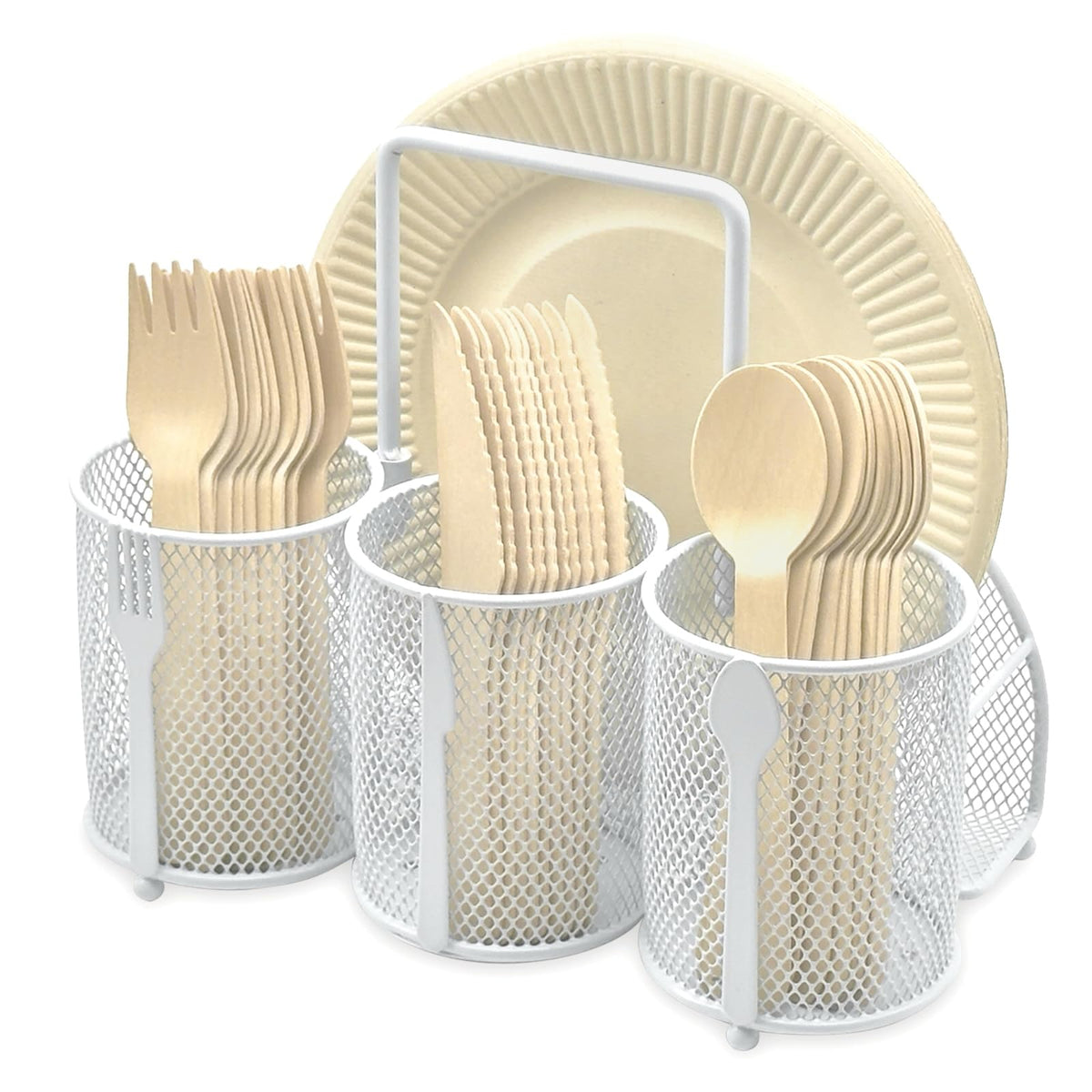 DysanVica Utensil Caddy Silverware Holder - 4 Compartment Metal Mesh Cutlery Fork Spoon Napkin Plate Organizer Flatware Storage Basket Party Kitchen Countertop Buffet Picnic Camping Outdoor BBQ Black