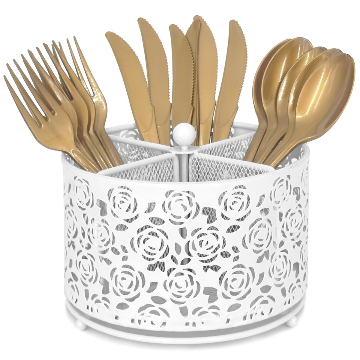 DysanVica Rotating Metal Silverware Caddy - Utensil Holder Countertop White