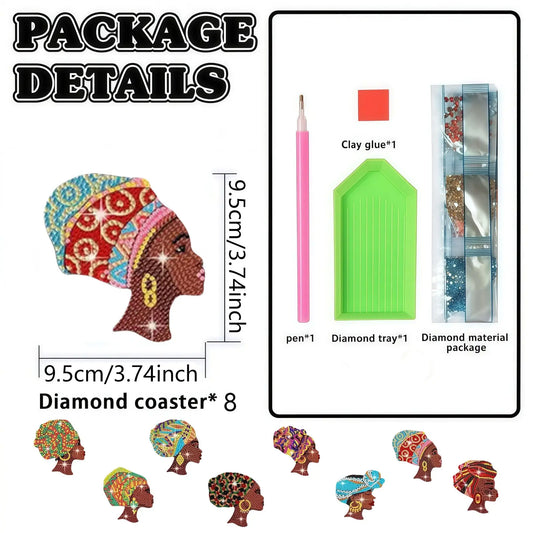 8-piece human figure women pattern artificial diamond painted coasters DIY Diamond Painting Coasters wooden table art coasters with stand, Wood Coaster Set, Decorative coaster, suitable for office coffee mats