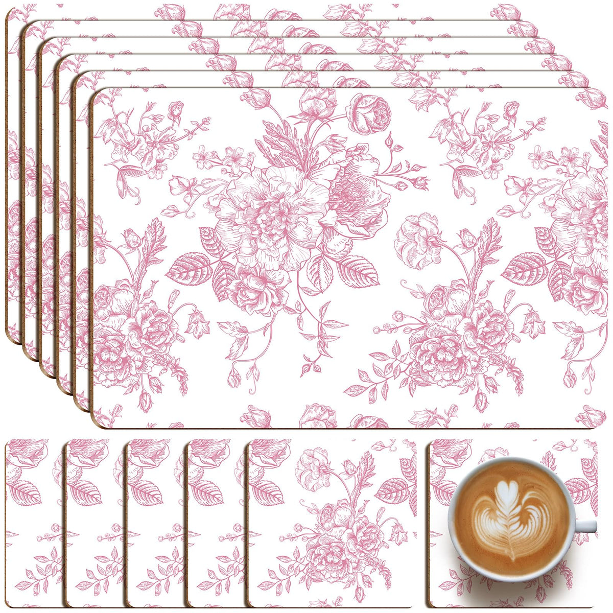 6 Sets Blue and White Floral Cork Placemats with 6 Coasters, 16x12 Inches Heat Resistant Cork Backed Table Mats, Square Coasters for Rustic Kitchen Dinner Table Setting Supplies