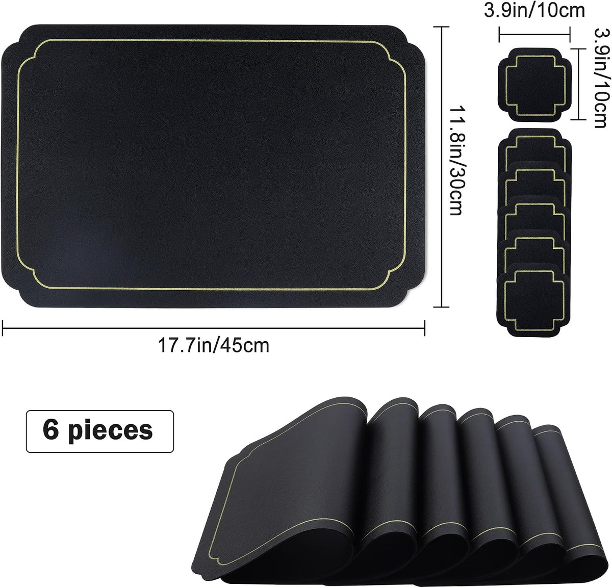 fanquare Black Faux Leather Placemats with Gold Trim Placemats and Coasters Set of 6 Large Rectangular Table Mats Heat Resistant and Easy to Clean