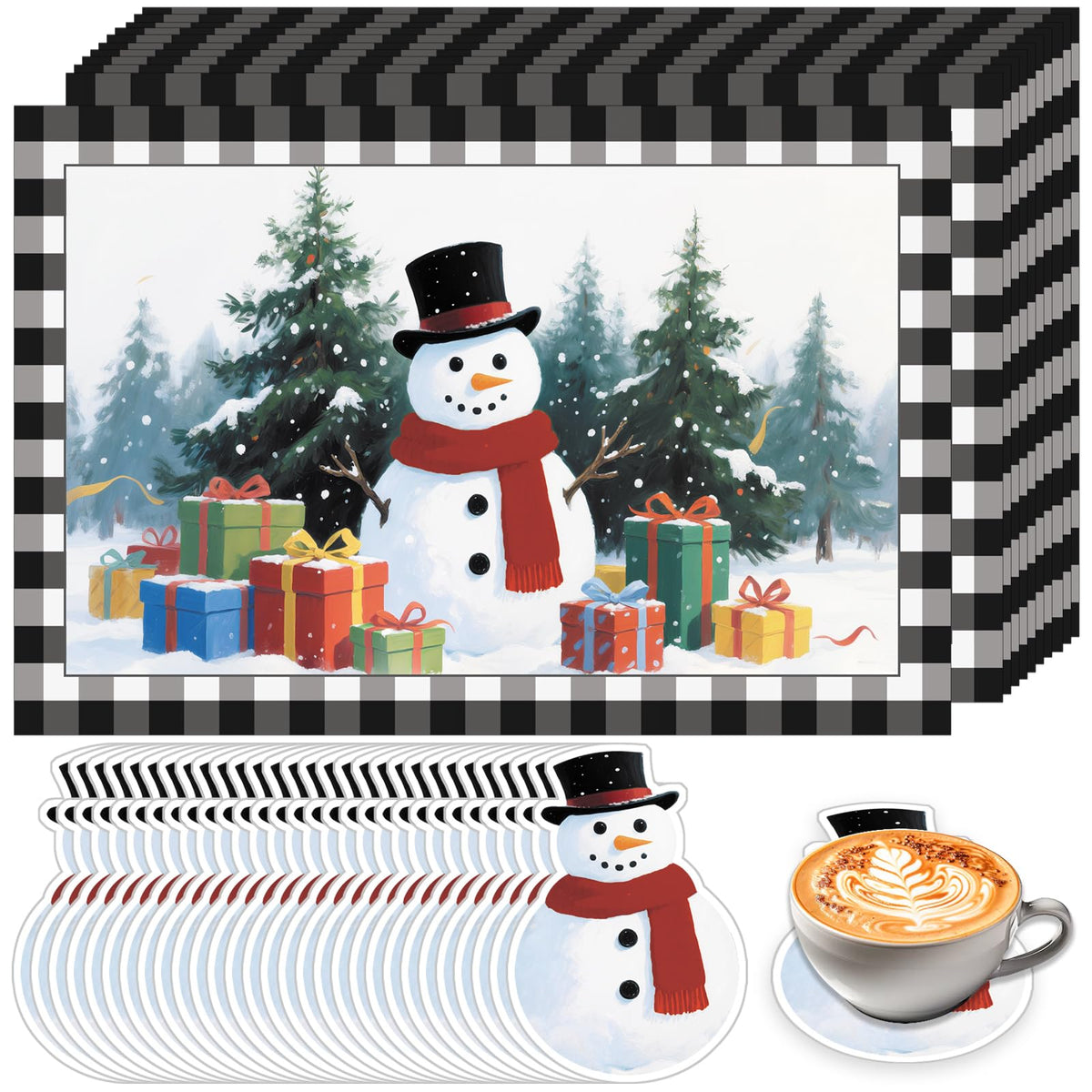 50 Pcs Christmas Paper Placemats, Christmas Tree Snowman Disposable Paper Place Mats with Coasters - 11 x 16.5 Inch Xmas Placemats Table Mats for Xmas Party Kitchen Dining Table Decor