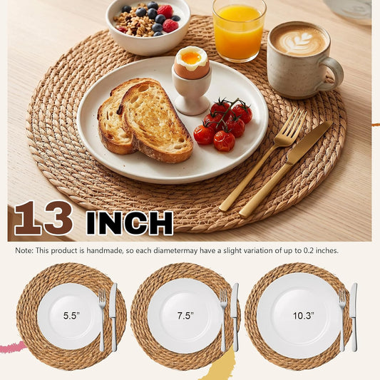 8 Pcs Woven Placemats - PAWFFEWE 13 in Round Natural Water Hyacinth Place Mats Coasters, Farmhouse Boho Straw Heat Resistant Outdoor Patio Rattan Wicker Table Mats for Dining Table,Home,Wedding