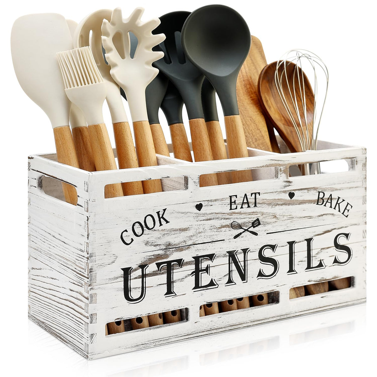 Large Black Wood Utensil Holder for Kitchen Decor Spoon Spatula Organizer
