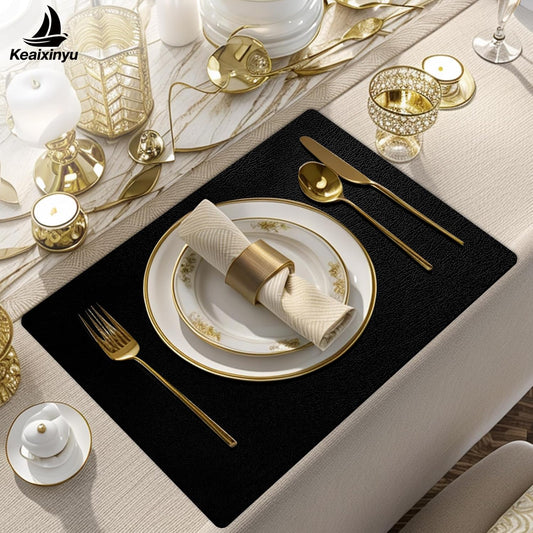 Placemats and Coasters Set of 6, Waterproof、Oil-Proof Wipeable、Anti Slip PVC Leather Place Mats, Heat Resistant Reversible Table Mats for Kitchen, Dining, Outdoor 17’’×12’’, (Black)