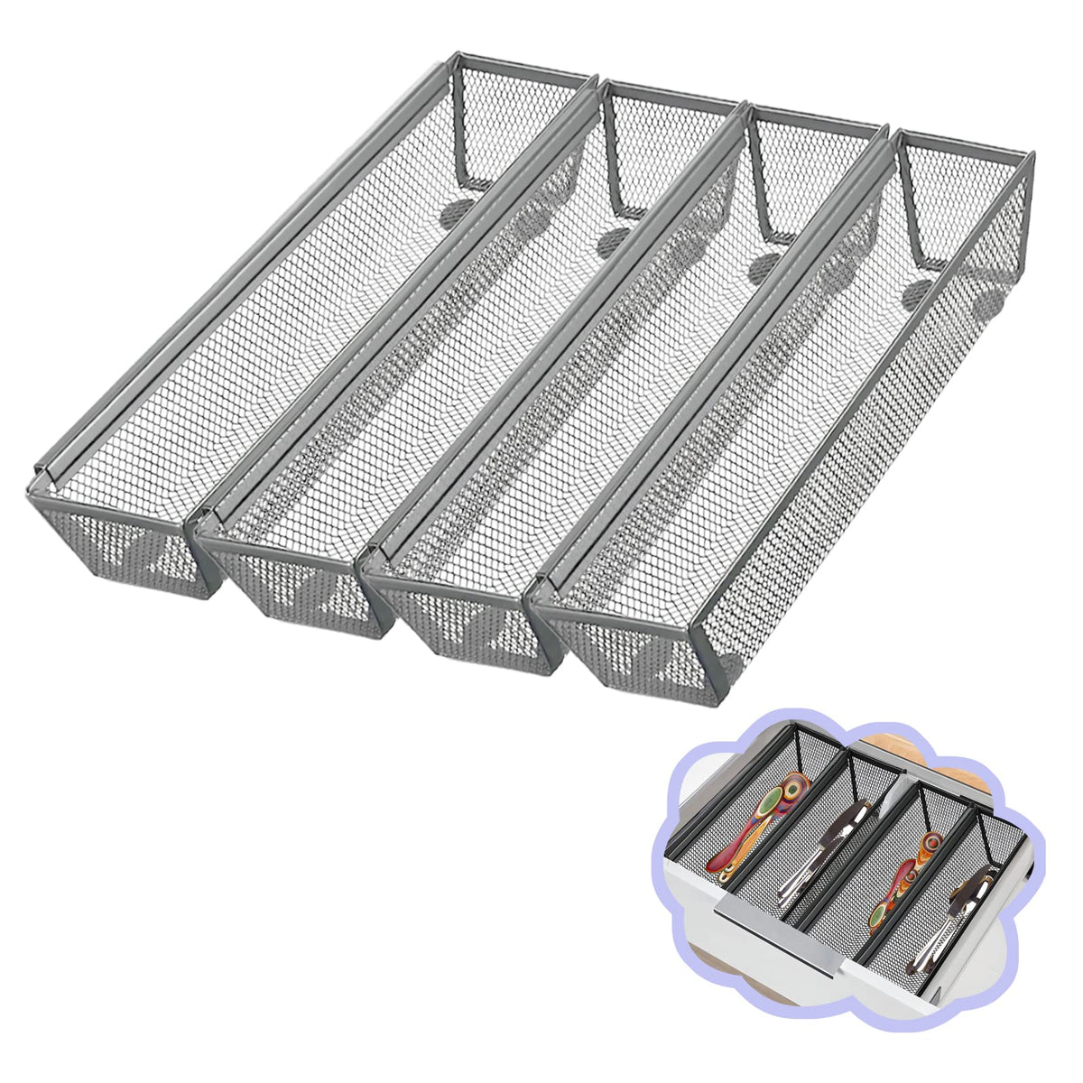 2PCS Utensil Drawer Organizer for Kitchen, Mesh silverware drawer organizer
