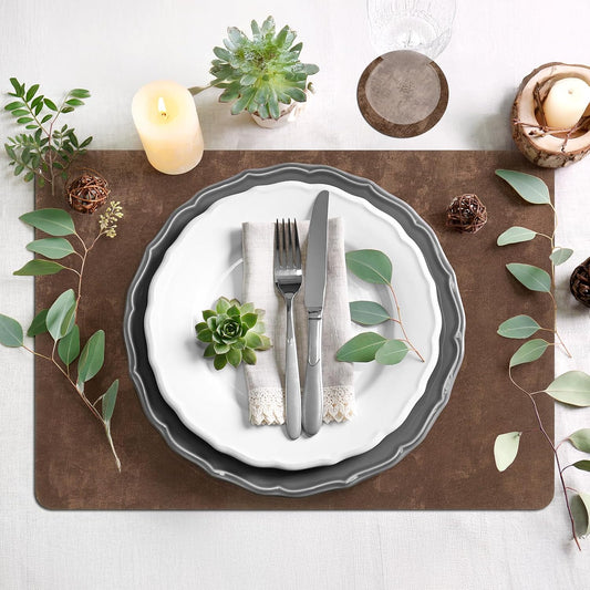 comfoyar Faux Leather Placemats with Coasters Set of 6, 12x17 Inch Heat Resistant Dual-Sided Imitation Velvet Dark Brown Place Mats, Waterproof Wipeable Table Mats for Kitchen Dining Party Decoration